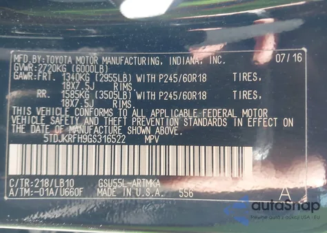 2016 Toyota Highlander Xle from USA, damaged, VIN 5TDJKRFH9GS316522